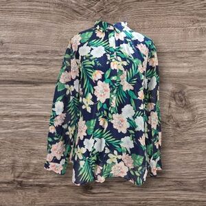 Old Navy Floral Blouse - Navy, Green, Pink Size Med